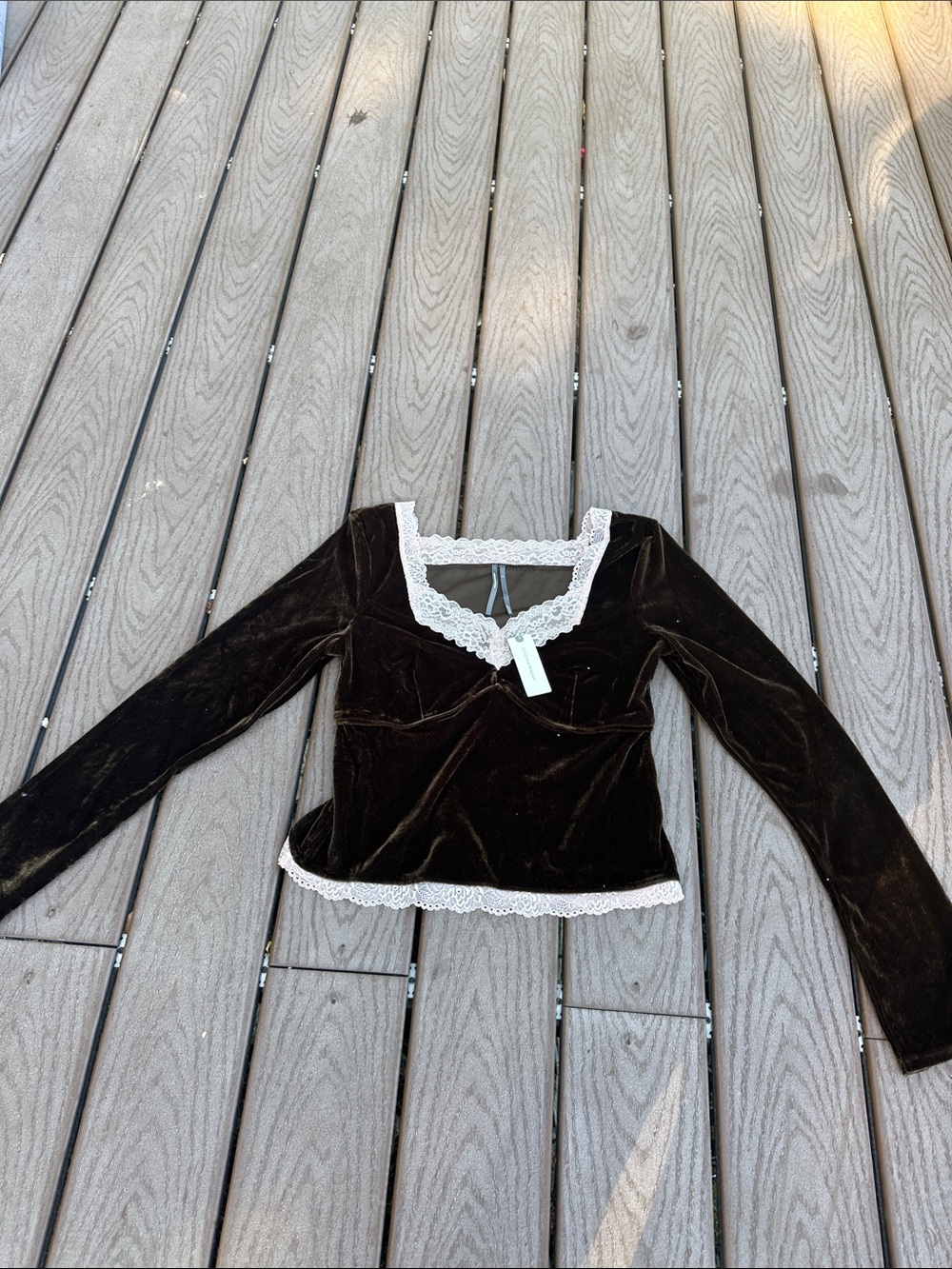 Anthropologie Brown Velvet Top with Cream Lace Trim